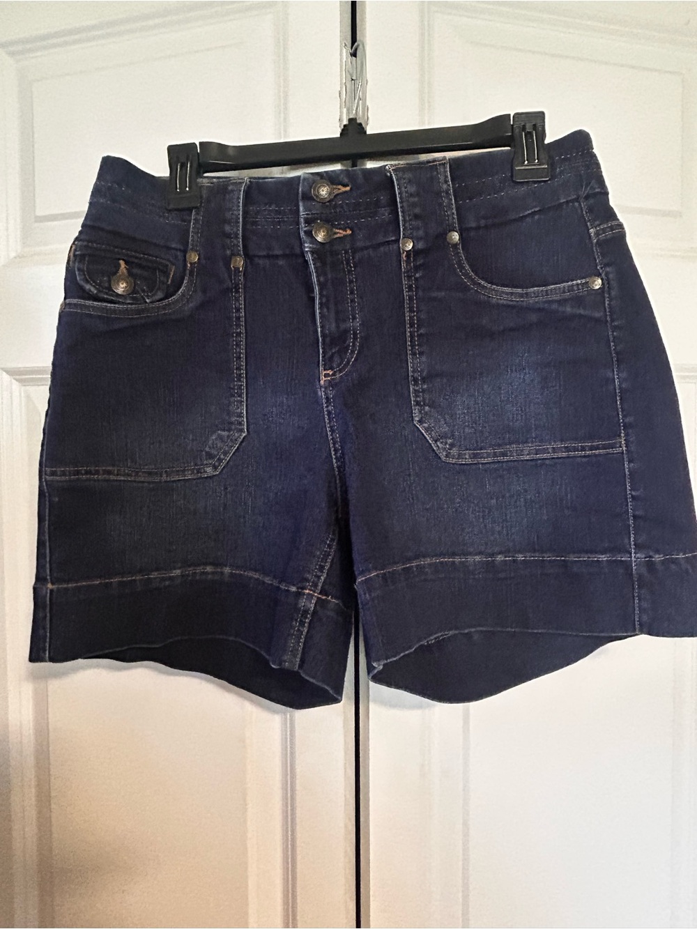 High-Rise Dark Blue Denim Shorts with Front Patch Pockets